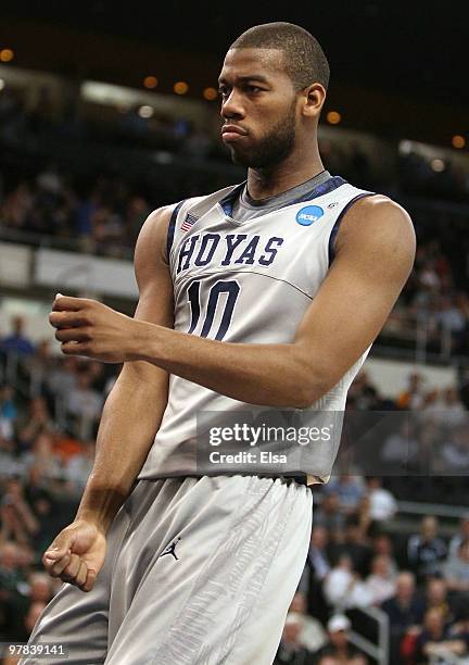 Greg Monroe of the Georgetown Hoyas celebrates his basket in the first half against the Ohio Bobcats during the first round of the 2010 NCAA men's...
