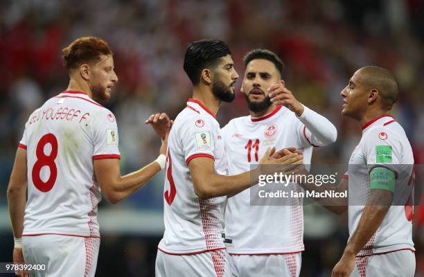 Ferjani Sassi of Tunisia is congratulated by Wahbi Khazri of Tunisia after he scores a penalty during the 2018 FIFA World Cup Russia group G match...