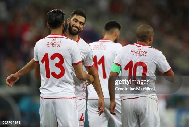 Ferjani Sassi of Tunisia is congratulated by Yassine Meriah of Tunisiaa after he scores a penalty during the 2018 FIFA World Cup Russia group G match...