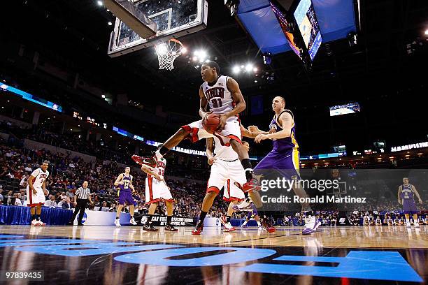 Justin Hawkins of the UNLV Rebels grabs a rebound against the Northern Iowa Panthers during the first round of the 2010 NCAA men's basketball...