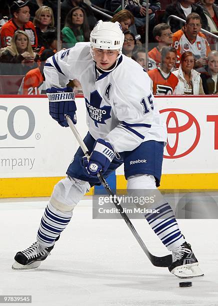 Tomas Kaberle of the Toronto Maple Leafs skates against the Philadelphia Flyers on March 7, 2010 at Wachovia Center in Philadelphia, Pennsylvania....