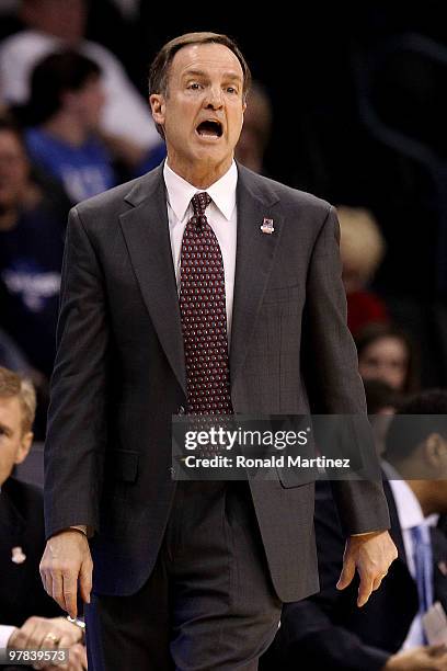 Head coach Lon Kruger of the UNLV Rebels reacts against the Northern Iowa Panthers during the first round of the 2010 NCAA men's basketball...