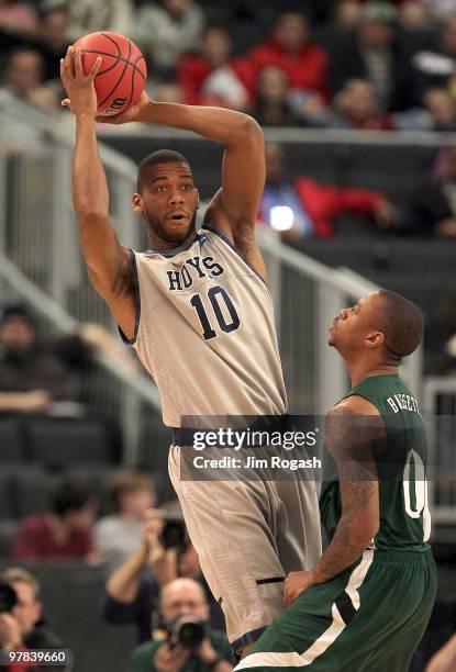 Armon Bassett of the Ohio Bobcats presses Greg Monroe of the Georgetown Hoyas during the first round of the 2010 NCAA men's basketball tournament at...