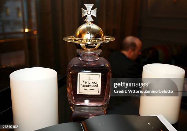 Bottle of Vivienne Westwood perfume is displayed during the Vivienne Westwood Charity Cocktail 'Fashion For Relief' held at Hotel Baglioni on March...