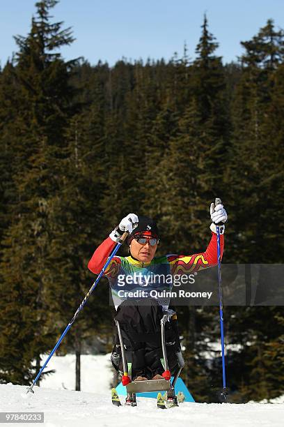 Colette Bourgonje of Canada competes in the Women's 5km Sitting Cross-Country Skiing during Day 7 of the 2010 Vancouver Winter Paralympics at...