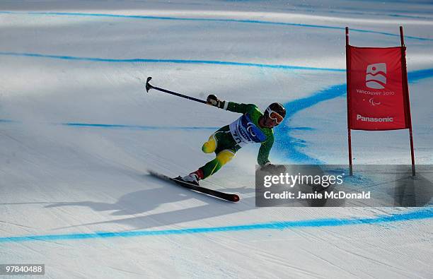 Toby Cane of Australia competes in the Men's Standing Downhill during Day 7 of the 2010 Vancouver Winter Paralympics at Whistler Creekside on March...