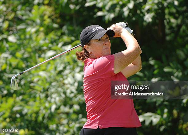 Meg Mallon drives off the second tee, a par three, during the final round of the Jamie Farr Owens Corning Classic, July 10, 2005.