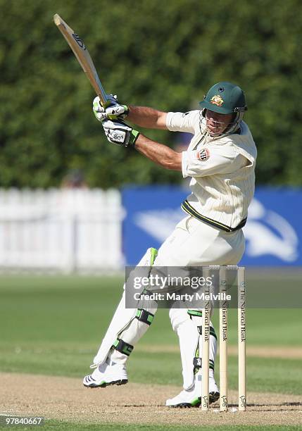 Ricky Ponting captain of Australia hooks the ball during day one of the First Test match between New Zealand and Australia at Westpac Stadium on...