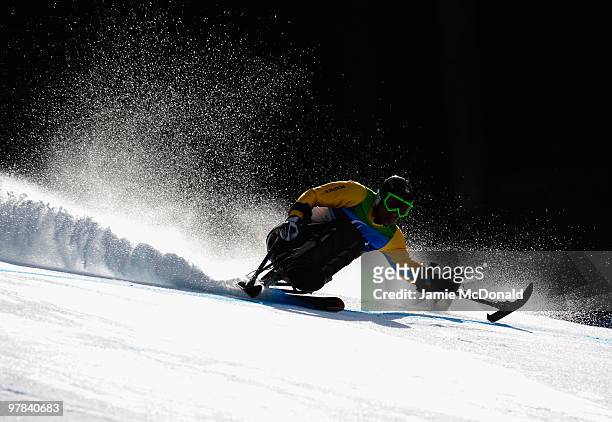 Martin Braxenthaler of Germany competes in the Men's Sitting Downhill during Day 7 of the 2010 Vancouver Winter Paralympics at Whistler Creekside on...