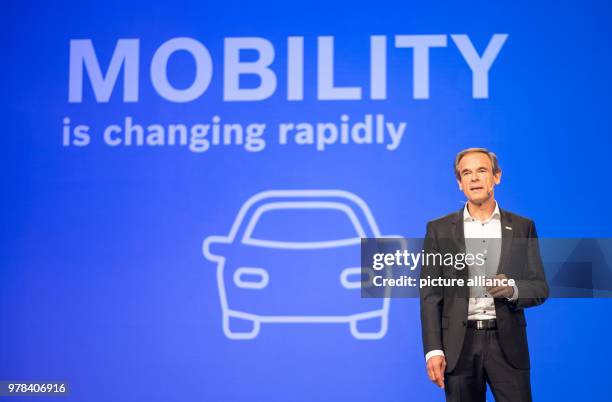 April 2018, Germany, Renningen: Chairman of the board of the Robert Bosch GmbH, Volkmar Denner, speaking during the financial statement press...