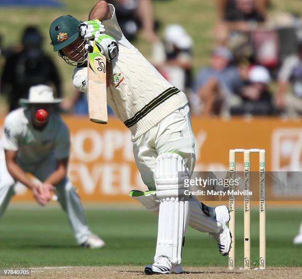 Ricky Ponting captain of Australia hits the ball during day one of the First Test match between New Zealand and Australia at Westpac Stadium on March...