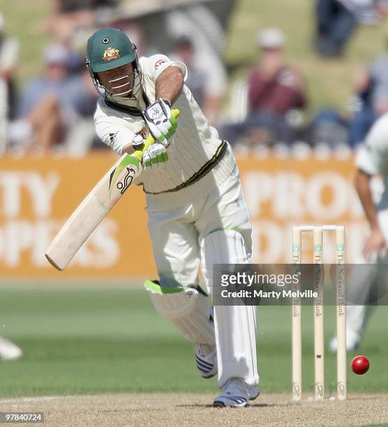 Ricky Ponting captain of Australia drives a ball onto the on side during day one of the First Test match between New Zealand and Australia at Westpac...