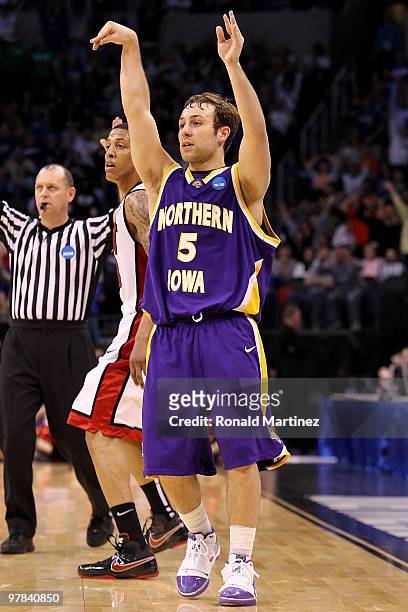 Ali Farokhmanesh of the Northern Iowa Panthers reacts after he made a 3-point shot with less then :10 seconds to go in the game to put UNI up 69-66...