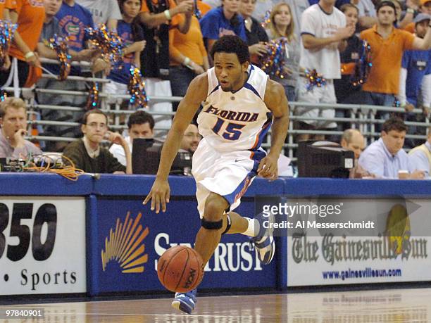 Florida guard Walter Hodge brings the ball upcourt against Alabama State at the Stephen C. O'Conner Center November 28, 2005 in Gainesville, Florida....