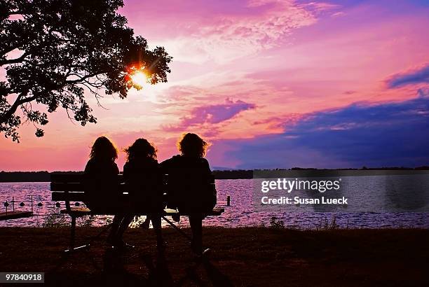 three for the setting sun - three people silhouette stock pictures, royalty-free photos & images