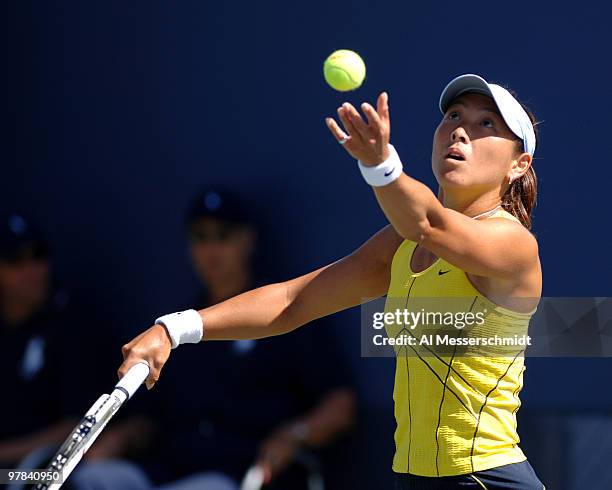 Ai Sugiyama competes with Daniela Hantuchova in a women's doubles match at the 2005 U. S. Open in Flushing, New York. Hantuchova / Sugiyama fell to...