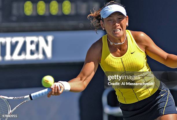 Ai Sugiyama competes with Daniela Hantuchova in a women's doubles match at the 2005 U. S. Open in Flushing, New York. Hantuchova / Sugiyama fell to...