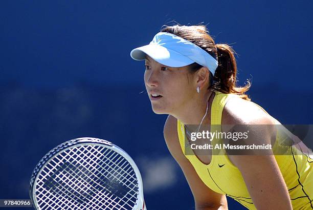 Ai Sugiyama competes with Daniela Hantuchova in a women's doubles match at the 2005 U. S. Open in Flushing, New York. Hantuchova / Sugiyama fell to...