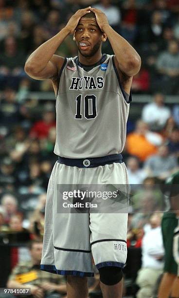 Greg Monroe of the Georgetown Hoyas reacts after he is called for a foul in the second half againt the Ohio Bobcats during the first round of the...