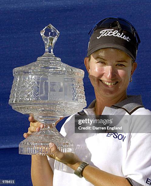 Karrie Webb of Australia celebrates winning at the ANZ Australian Ladies Masters Golf at Royal Pines Resort on the Gold Coast, Australia. She...