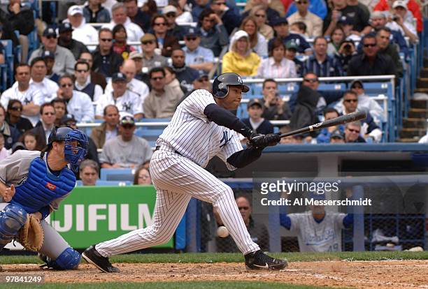 New York Yankees right fielder Bernie Williams bats against the Kansas City Royals at Yankee Stadium in Bronx, New York on April 12, 2006. The...