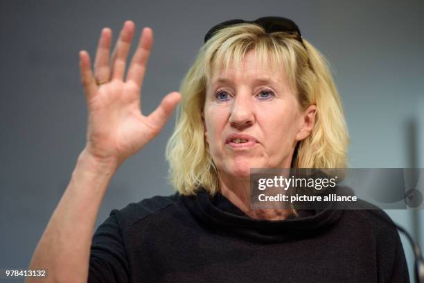 April 2018, Germany, Berlin: The head of the association for doping victims , Ines Geipel, speaking onstage to journalists during a press conference...