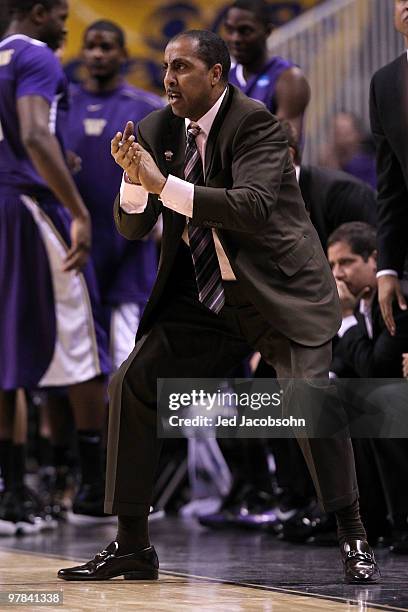 Head coach Lorenzo Romar of the Washington Huskies reacts to a play against the Marquette Golden Eagles during the first round of the 2010 NCAA men's...
