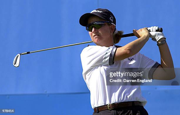 Karrie Webb of Australia tees off on the 16th fairway during the final round at the ANZ Australian Ladies Masters Golf at Royal Pines Resort on the...