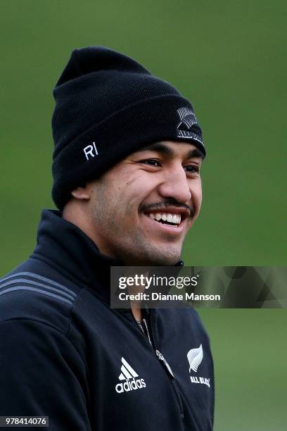 Rieko Ioane of the All Blacks looks on during a New Zealand All Blacks training session on June 19, 2018 in Dunedin, New Zealand.