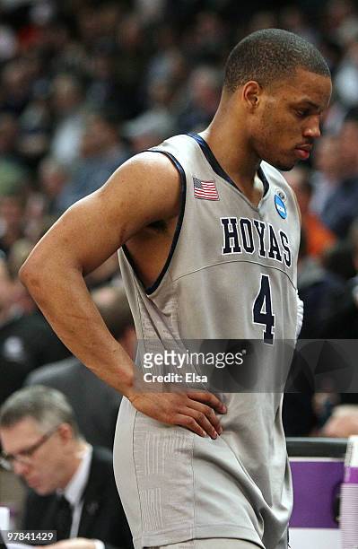Chris Wright of the Georgetown Hoyas walks off the court after the loss to the Ohio Bobcats during the first round of the 2010 NCAA men's basketball...