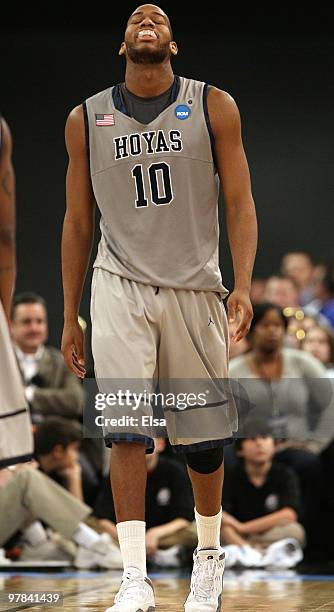 Greg Monroe of the Georgetown Hoyas reacts after he is called for a foul in the second half againt the Ohio Bobcats during the first round of the...