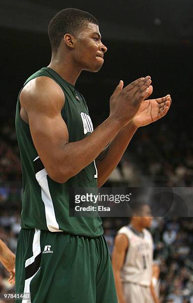 DeVaughn Washington of the Ohio Bobcats celebrates the win over the Georgetown Hoyas during the first round of the 2010 NCAA men's basketball...