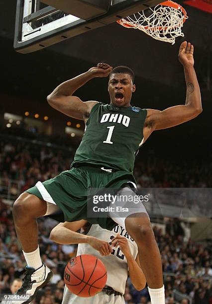 DeVaughn Washington of the Ohio Bobcats celebrates his dunk in the second half against the Georgetown Hoyas during the first round of the 2010 NCAA...