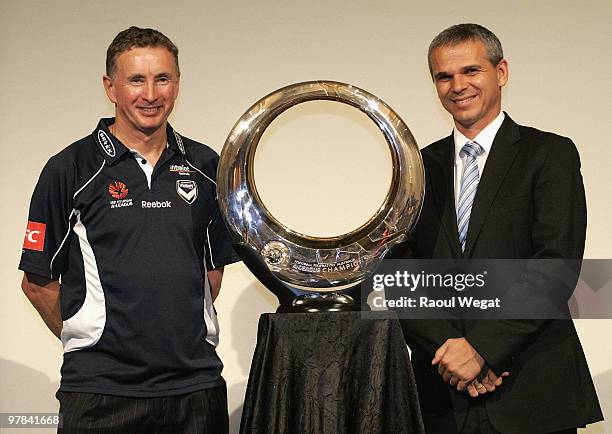 Melbourne Victory coach Ernie Merrick and Sydney FC coach Vitezslav Lavicka pose during an A-League Grand Final press conference at the Crown...