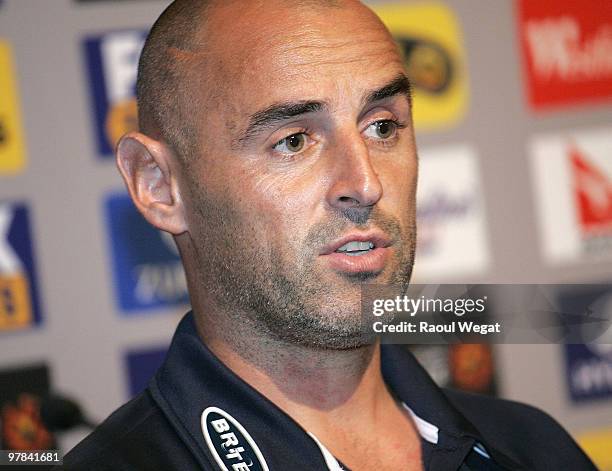 Melbourne Victory captain Kevin Muscat speaks during an A-League Grand Final press conference at the Crown Entertainment Complex on March 19, 2010 in...