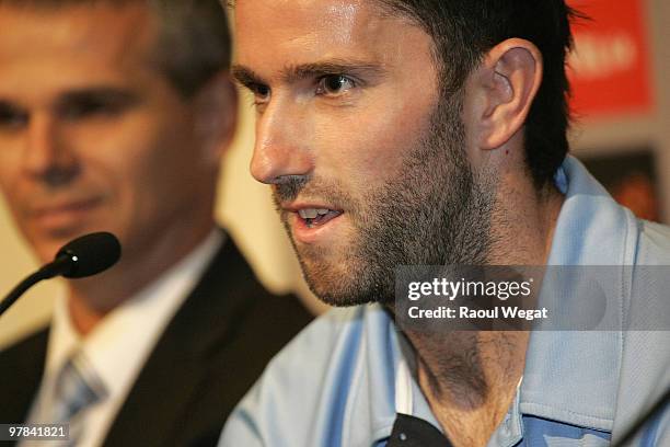 Sydney FC player Terry McFlynn speaks during an A-League Grand Final press conference at the Crown Entertainment Complex on March 19, 2010 in...