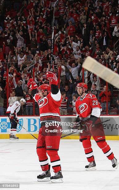 Ray Whitney of the Carolina Hurricanes celebrates the sudden death game winning goal in overtime against the Washington Capitals during their NHL...