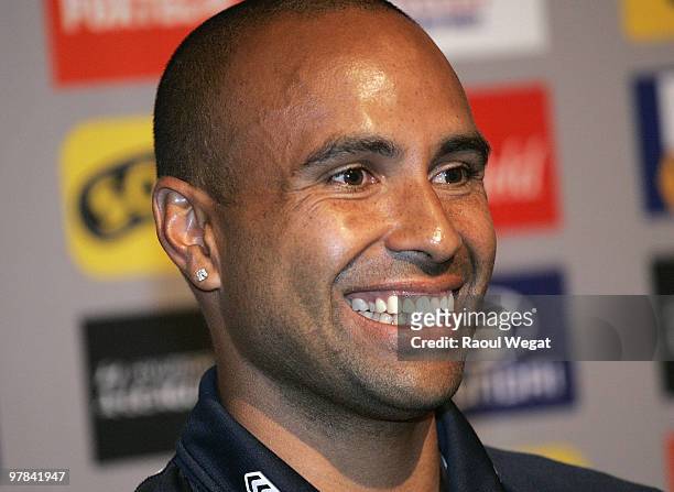 Melbourne Victory player Archie Thompson speaks during an A-League Grand Final press conference at the Crown Entertainment Complex on March 19, 2010...