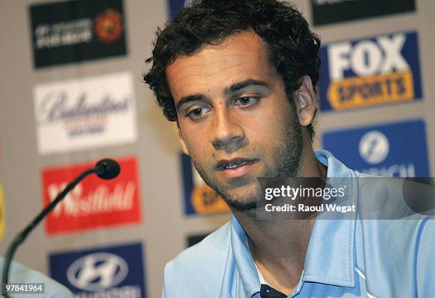 Sydney FC player Alex Brosque speaks during an A-League Grand Final press conference at the Crown Entertainment Complex on March 19, 2010 in...