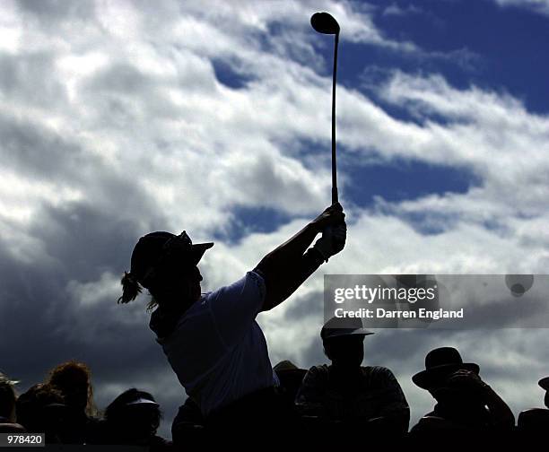 Karrie Webb of Australia tees off on the 12th fairway during the final round at the ANZ Australian Ladies Masters Golf at Royal Pines Resort on the...