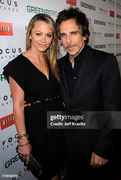 Actors Christine Taylor and Ben Stiller arrive at the premiere of "Greenberg" presented by Focus Features at ArcLight Hollywood on March 18, 2010 in...