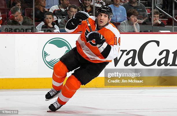 Ian Laperriere of the Philadelphia Flyers skates against the Toronto Maple Leafs on March 7, 2010 at Wachovia Center in Philadelphia, Pennsylvania....