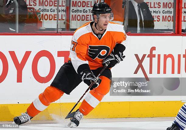 Jeff Carter of the Philadelphia Flyers skates against the Toronto Maple Leafs on March 7, 2010 at Wachovia Center in Philadelphia, Pennsylvania. The...