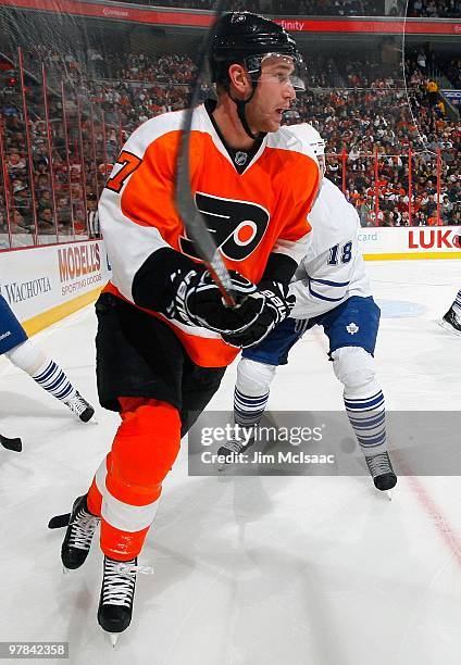 Jeff Carter of the Philadelphia Flyers skates against the Toronto Maple Leafs on March 7, 2010 at Wachovia Center in Philadelphia, Pennsylvania. The...