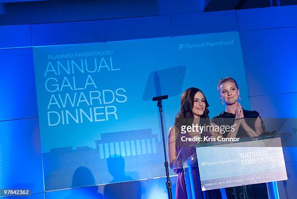 Jessica Lowndes and Emily VanCamp speak during the Planned Parenthood Federation Of America 2010 Annual Awards Gala at the Hyatt Regency Crystal City...