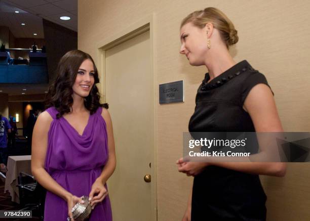 Jessica Lowndes and Emily VanCamp speak together before the Planned Parenthood Federation Of America 2010 Annual Awards Gala at the Hyatt Regency...