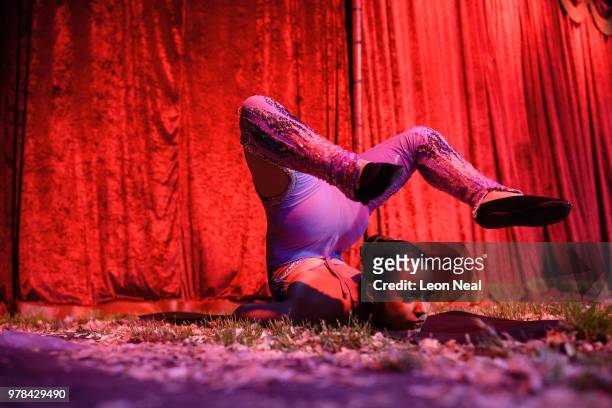 Contortionist Melissa Jimenez Perez of Cuba stretches ahead of a matinee performance at Zippo's circus in Victoria Park on June 14, 2018 in Glasgow,...