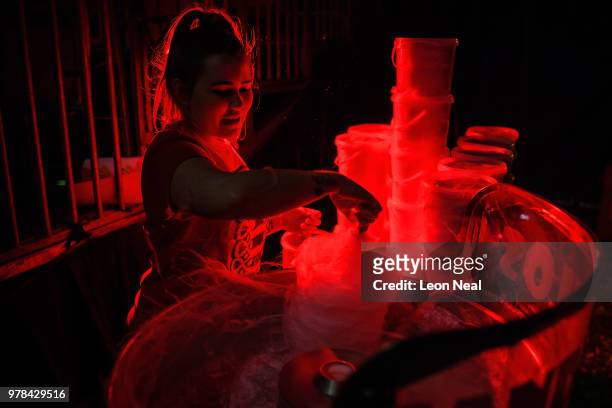 Holly Jane Faulkner of England prepares candy floss, ahead of a performance at Zippo's circus in Victoria Park on June 13, 2018 in Glasgow, Scotland....