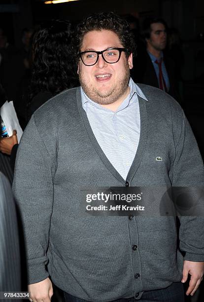 Actor Jonah Hill arrive at the premiere of "Greenberg" presented by Focus Features at ArcLight Hollywood on March 18, 2010 in Hollywood, California.