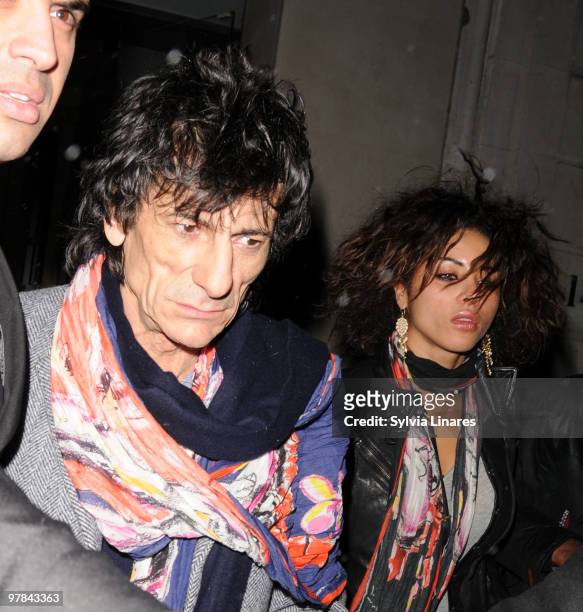Ronnie Wood and girlfriend Ana Araujo leave Nobu in Berkeley Square on March 18, 2010 in London, England.